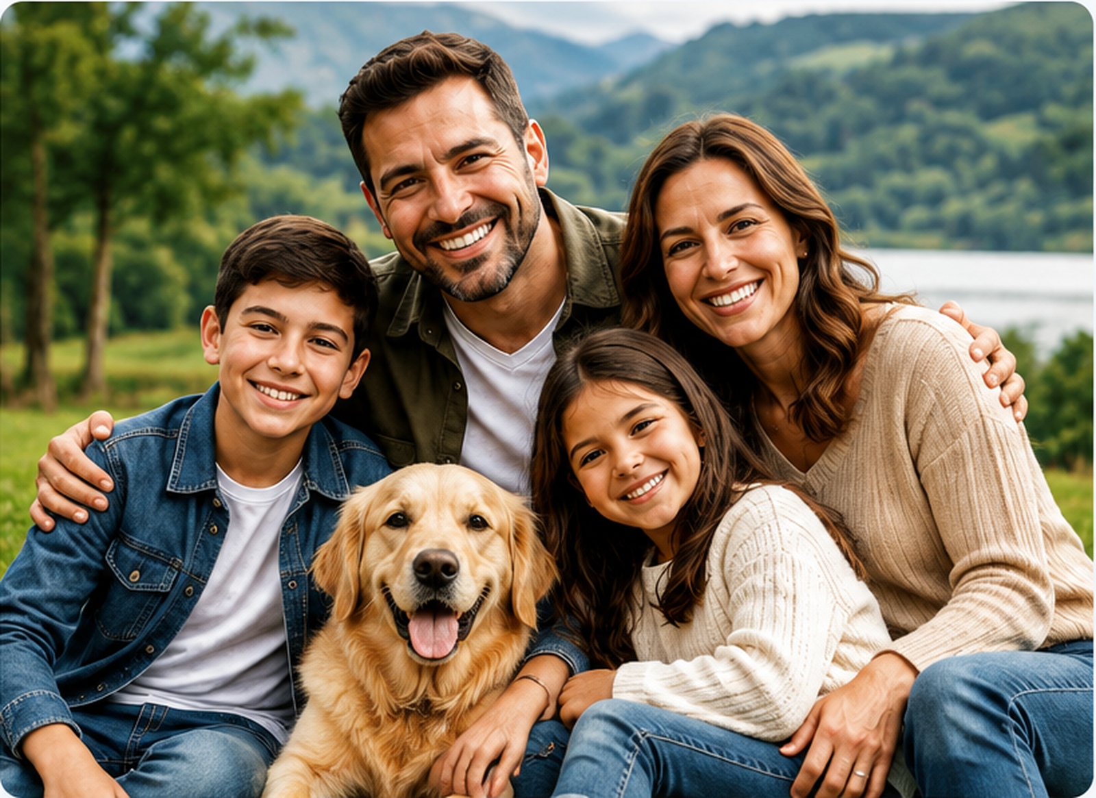 Familia disfrutando en la naturaleza junto a su mascota
